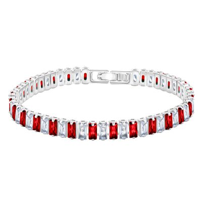 Uloveido Silver Color Rectangular Tennis Bracelet, Red and White Cubic Zirconia Crystal Bracelet for Women YA4537 (Silver Color-Red-7.5 inch)