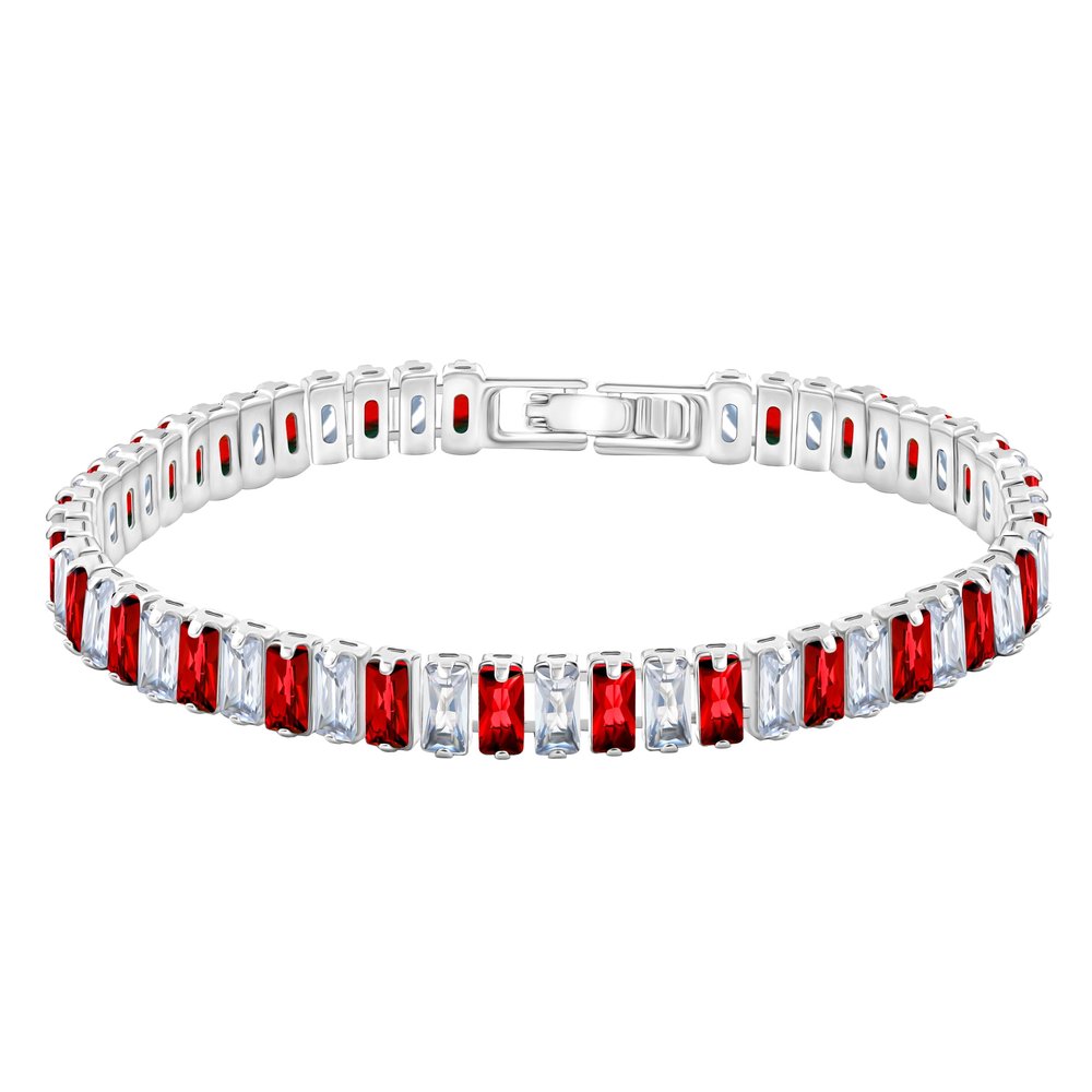 Uloveido Silver Color Rectangular Tennis Bracelet, Red and White Cubic Zirconia Crystal Bracelet for Women YA4537 (Silver Color-Red-7.5 inch)