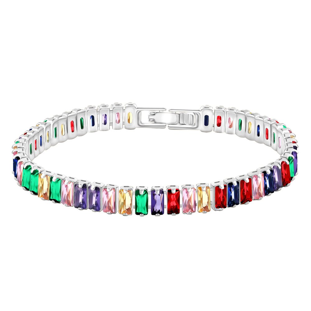 Uloveido Platinum Plated Rectangular Tennis Bracelet Multicolor Cubic Zirconia Eternity Bracelet for Women YA4537 (Silver Color-Multi-6.5 inch)