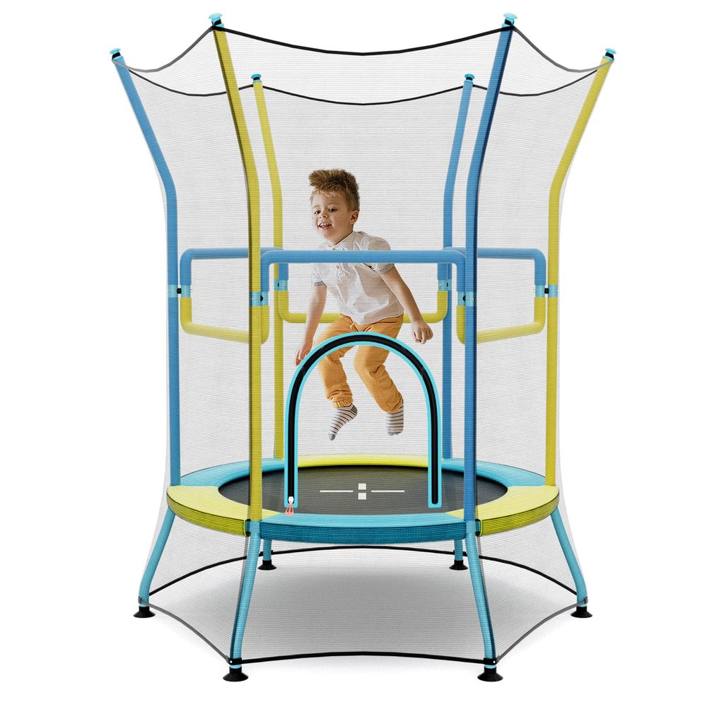 Goplus Kids Trampoline for Toddlers, ASTM Approved Mini Trampoline w/Heightened Safety Enclosure Net, Foam Handles, Seamless Design, Indoor Outdoor Recreational Trampoline for Boys Girls (Yellow+Blue)