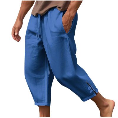 NineFit Basics Last Minute Deals Men's Linen Harem Capri Pants Lightweight Baggy Crop Pants Loose Drawstring Elastic Waist Casual Beach Yoga Trousers Mens Pants Joggers Blue, 4X-Large