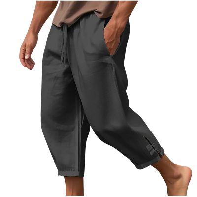NineFit Basics Best Valentines Deals Men's Linen Harem Capri Pants Lightweight Baggy Crop Pants Loose Drawstring Elastic Waist Casual Beach Yoga Trousers Mens Pants Beach Black, 3X-Large