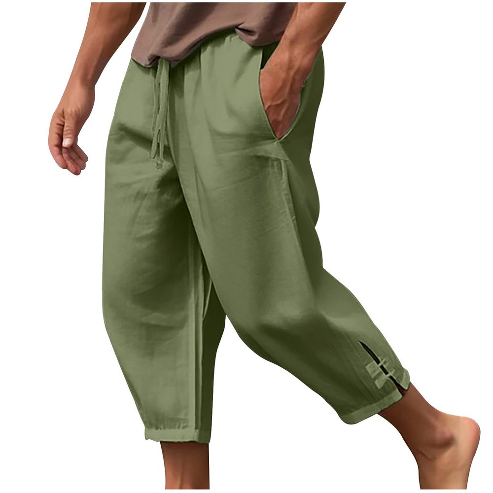 NineFit Basics Recent Orders Men's Linen Harem Capri Pants Lightweight Baggy Crop Pants Loose Drawstring Elastic Waist Casual Beach Yoga Trousers Cargo Pants for Men Green, 4X-Large