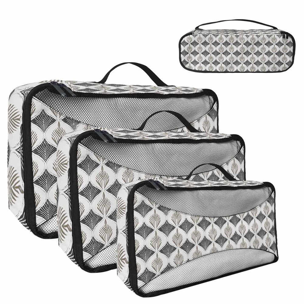 4 Set Packing Cubes for Suitcases Travel Essential Luggage Organizer Carry on Suitcases Abstract Mural Pattern Symmetry Gray Travel Bags Travel Accessories in 4 Sizes(XL, L, M, S)