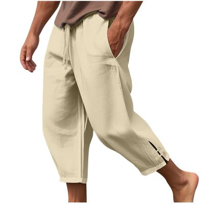 Men's Linen Harem Capri Pants Lightweight Baggy Crop Pants Loose Drawstring Elastic Waist Casual Beach Yoga Trousers Mens Joggers Khaki