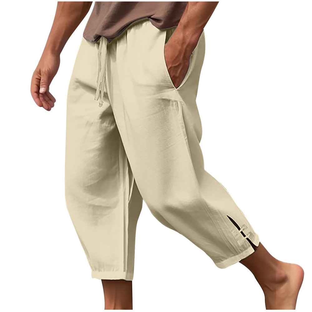 Men's Linen Harem Capri Pants Lightweight Baggy Crop Pants Loose Drawstring Elastic Waist Casual Beach Yoga Trousers Mens Joggers Khaki