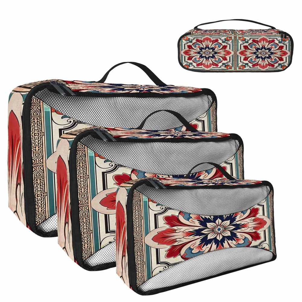 4 Set Packing Cubes for Suitcases Travel Essential Luggage Organizer Carry on Suitcases Abstract Line Frame Flower Travel Bags Travel Accessories in 4 Sizes(XL, L, M, S)