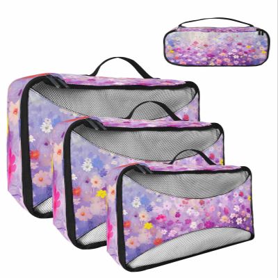 4 Set Packing Cubes for Suitcases Travel Essential Luggage Organizer Carry on Suitcases Abstract Spring Daisy Oil Painting Purple Travel Bags Travel Accessories in 4 Sizes(XL, L, M, S)