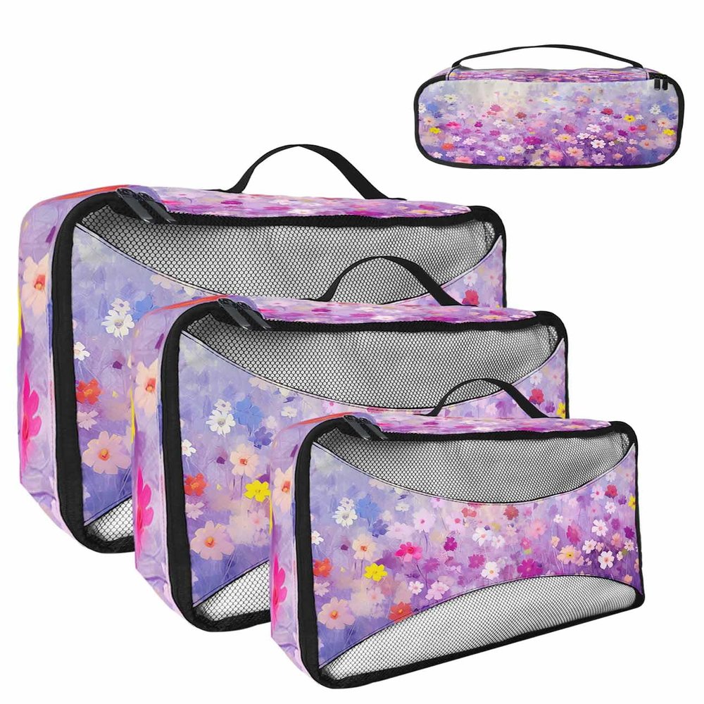 4 Set Packing Cubes for Suitcases Travel Essential Luggage Organizer Carry on Suitcases Abstract Spring Daisy Oil Painting Purple Travel Bags Travel Accessories in 4 Sizes(XL, L, M, S)