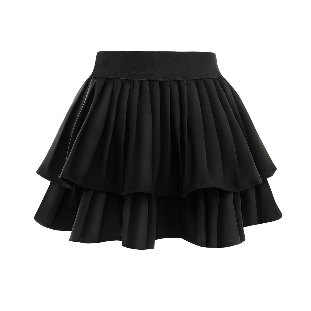 Comfyouth Girls Tennis Skirt with Shorts Double Layer Pleated Skirt with 2 Pockets High Waisted Athletic Skort Kids Cute Cheer Skirts for Golf Running Sports Black