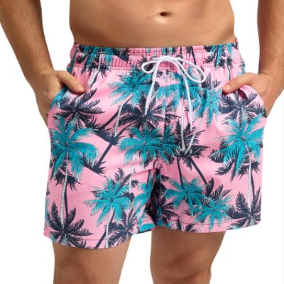 SILKWORLD Mens Swim Trunks Quick Dry Swimsuit Beach Shorts with Pockets, Coconut Tree(Pink), X-Large