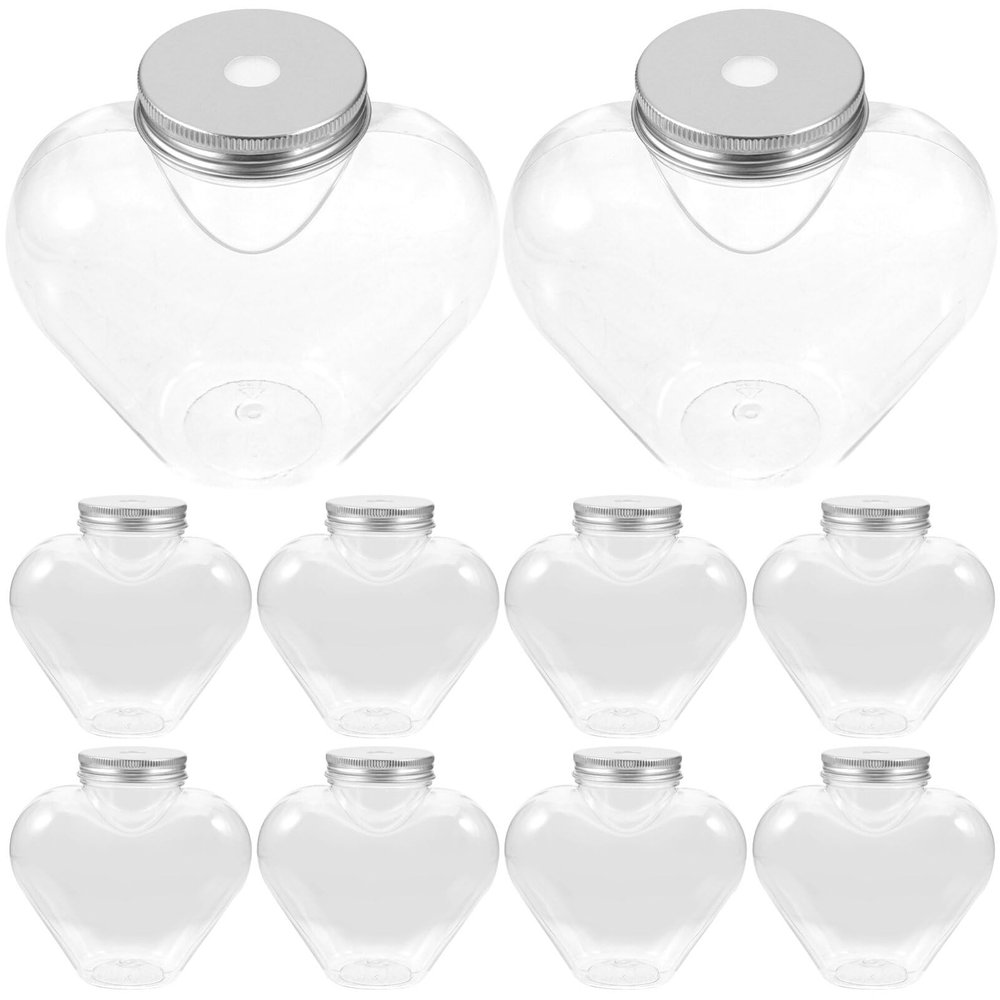 MAGICLULU Plastic Juice Bottles with Cap Straw Holes 10pcs 500ml Heart Shaped Plastic Beverage Containers Valentines Day Candy Jars Canister Refillable Water Milk Bottle