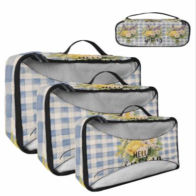4 Set Packing Cubes for Suitcases Travel Essential Luggage Organizer Carry on Suitcases Hello Spring Rose Daisy Lavender Checkered Blue Travel Bags Travel Accessories in 4 Sizes(XL, L, M, S)