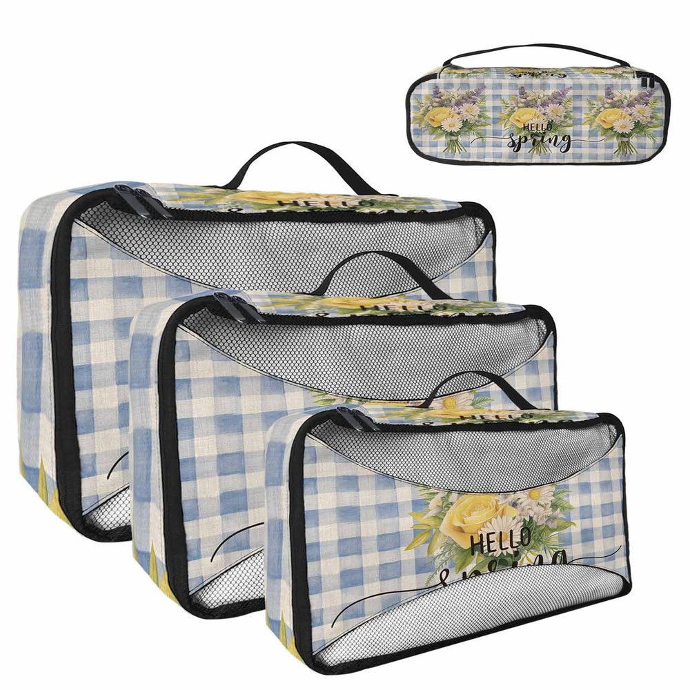 4 Set Packing Cubes for Suitcases Travel Essential Luggage Organizer Carry on Suitcases Hello Spring Rose Daisy Lavender Checkered Blue Travel Bags Travel Accessories in 4 Sizes(XL, L, M, S)