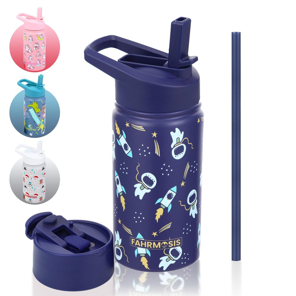 FAHRMOSIS 14 OZ Kids Water Bottle with Straw & 2 Lids (Flip & Spout) Leak Proof Metal Insulated Stainless Steel Reusable Tumbler for School & Sports Water Bottle - Black (Space)