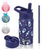 FAHRMOSIS 14 OZ Kids Water Bottle with Straw & 2 Lids (Flip & Spout) Leak Proof Metal Insulated Stainless Steel Reusable Tumbler for School & Sports Water Bottle - Black (Space) view 1