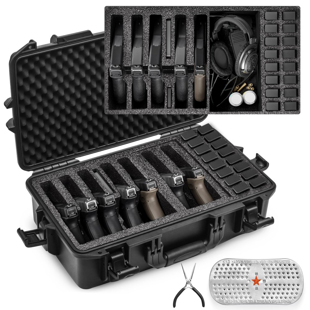 Kinghardcase TSA Gun Case for 7 Handguns - Waterproof & Shock Proof Handgun Case for 7 Pistols & 16 Magazines, Pistol Case Hard Shell for Glock, Beretta, Smith and Wesson