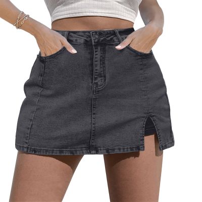 luvamia Stone Gray Denim Skorts Women's Denim Mini Skirt with Side Slit High Waist Stretchy Jean Skorts for Women Summer X-Large Size 16-18