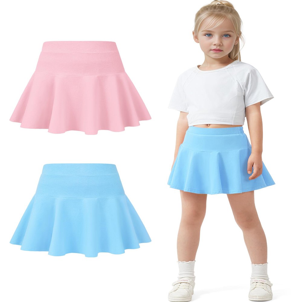 BOOPH 2 Pack Little Girls Athletic Uniform Skorts French Tennis Golf Skirts with Shorts for Toddler Blue/Pink 6-7 Years