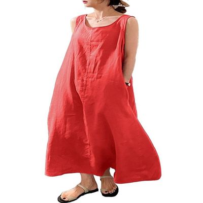 ZOCAVIA Women's Sleeveless Cotton Maxi Dresses Crewneck Summer Casual Tank Sundress Beach Sun Dress with Pocket Solid Red S