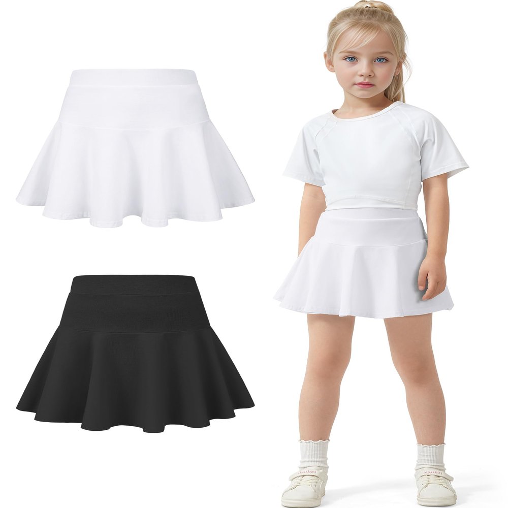 BOOPH 2 Pack Little Girls Athletic Uniform Skorts French Tennis Golf Skirts with Shorts for Toddler Black/White 6-7 Years