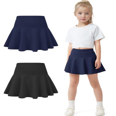 BOOPH 2 Pack Little Girls Athletic Uniform Skorts French Tennis Golf Skirts with Shorts for Toddler Black/Navy 5-6 Years