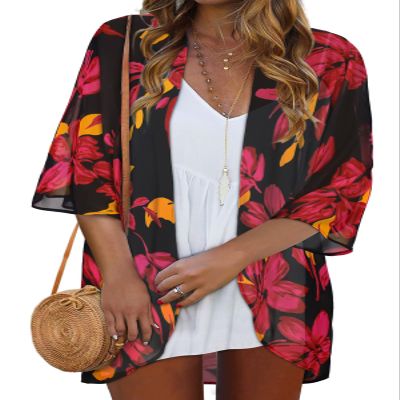 Beach Cover Ups for Women Summer Open Front Shorts Sleeve Beach Boho Kimono Cardigans Cruise Outfits(Red Flower Black,L)