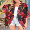 Beach Cover Ups for Women Summer Open Front Shorts Sleeve Beach Boho Kimono Cardigans Cruise Outfits(Red Flower Black,L) view 2