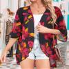 Beach Cover Ups for Women Summer Open Front Shorts Sleeve Beach Boho Kimono Cardigans Cruise Outfits(Red Flower Black,L) view 3