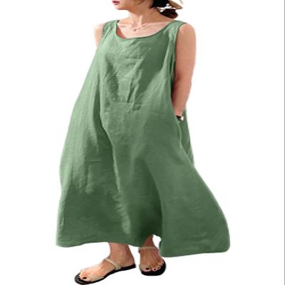 ZOCAVIA Women's Sleeveless Cotton Maxi Dresses Crewneck Summer Casual Tank Sundress Beach Sun Dress with Pocket Solid Green 2XL