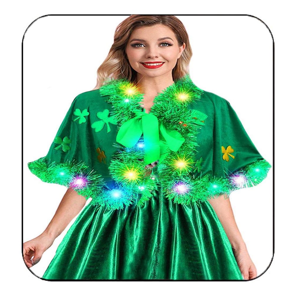 Aukmla Women Green St. Patrick's Day Cape Short Light Up Shamrocks Velvet Cloak LED Costume Rave Party Outfit Shawls Wraps