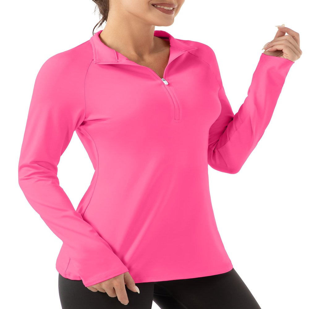 FKEEP Women's Polo Shirts Long Sleeve UPF 50+ Sun Protection Tennis Golf Workout Tops Sport Zipper V Neck (Neon Pink, XXL)