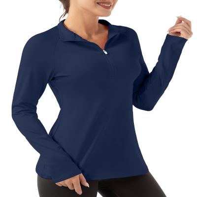 FKEEP Women's Polo Shirts Long Sleeve UPF 50+ Sun Protection Tennis Golf Workout Tops Sport Zipper V Neck (Navy Blue, L)