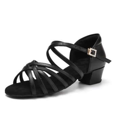 SWDZM Girls Latin Dance Shoes Low Heels Ballroom Salsa Tango Professional Dance Shoes,Black,Heel 1 3/8 inch,Suede Sole,4.5 US Big Kid