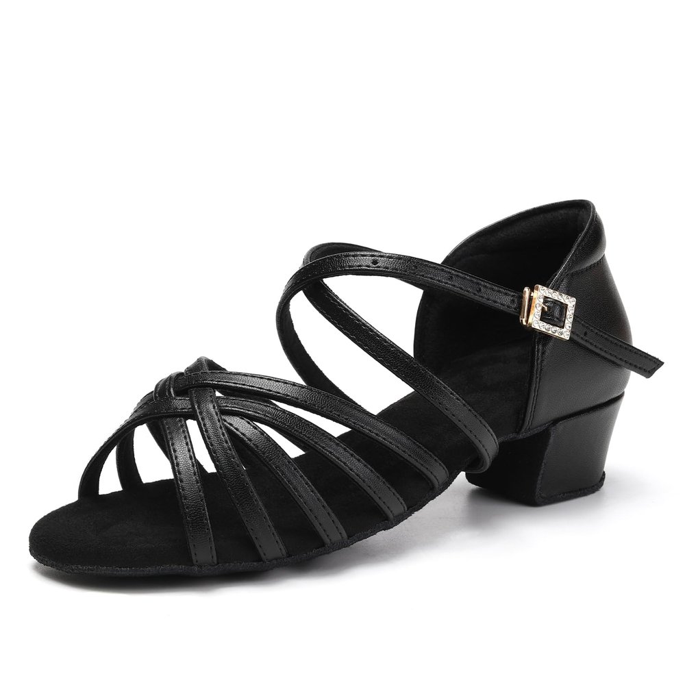 SWDZM Girls Latin Dance Shoes Low Heels Ballroom Salsa Tango Professional Dance Shoes,Black,Heel 1 3/8 inch,Suede Sole,4.5 US Big Kid