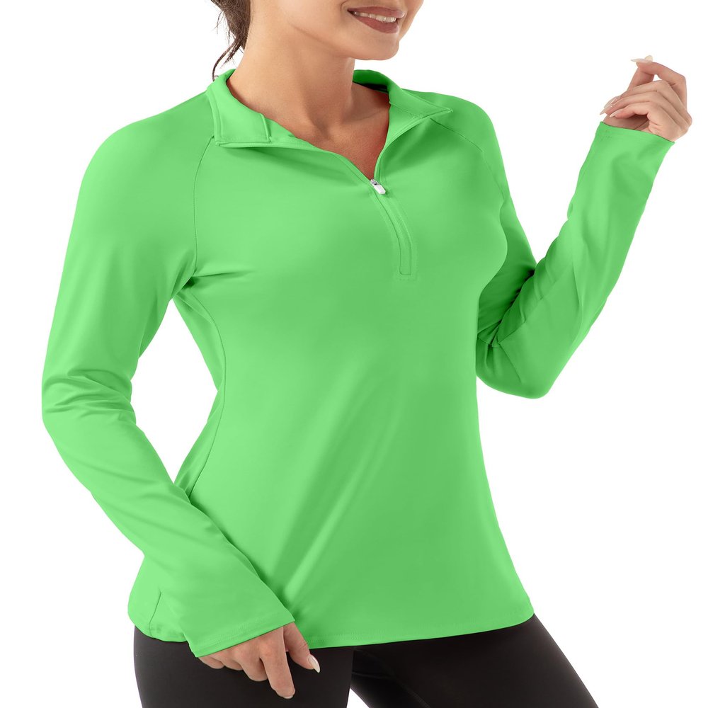 FKEEP Women's Polo Shirts Long Sleeve UPF 50+ Sun Protection Tennis Golf Workout Tops Sport Zipper V Neck (Lime Green, XS)