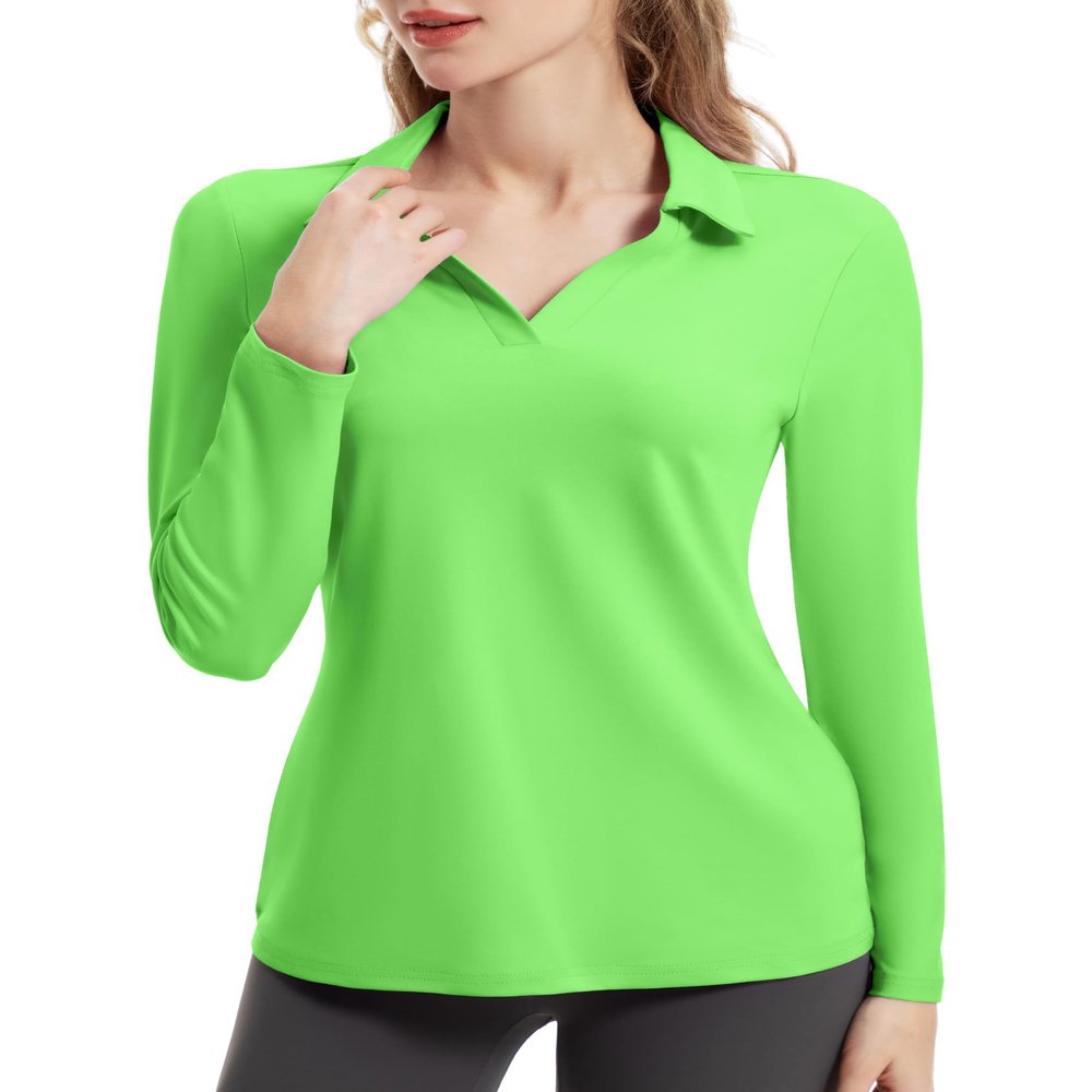FKEEP Women's Tennis Golf Shirt Long Sleeved Top Sport Activewear V-Neck Workout Athletic (Lime Green, M)