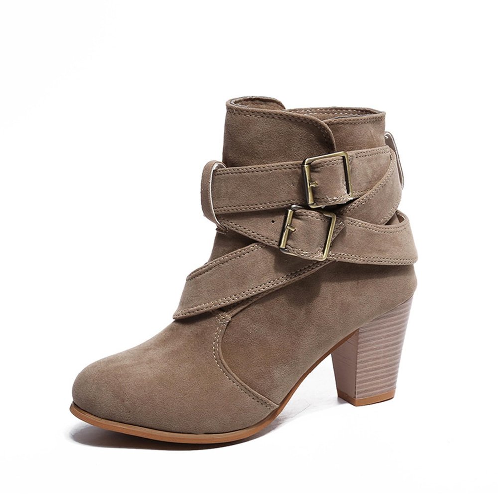 HINDOLA Women's Ankle Boots Round Toe High Heel Chunky Block Stacked Heels Booties Casual Suede Boots Buckle Strap Pump Boots