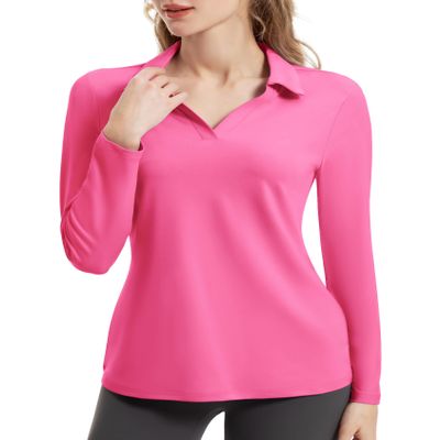 FKEEP Women's Tennis Golf Shirt Long Sleeved Top Sport Activewear V-Neck Workout Athletic (Neon Pink, M)