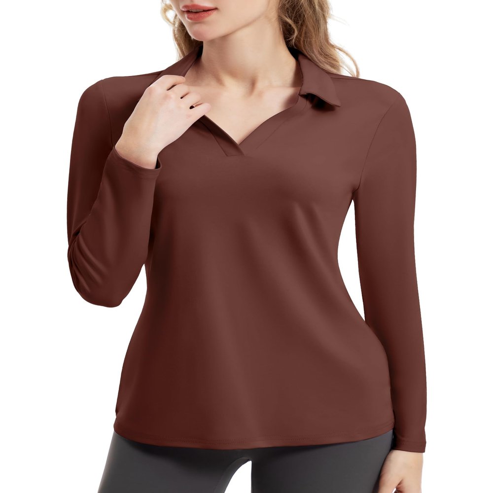 FKEEP Women's Tennis Golf Shirt Long Sleeved Top Sport Activewear V-Neck Workout Athletic (Cinnamon, XXL)