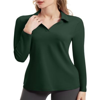 FKEEP Women's Tennis Golf Shirt Long Sleeved Top Sport Activewear V-Neck Workout Athletic (Forest Green, XL)