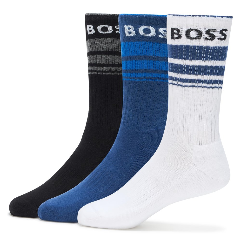 BOSS 3-Pack Bold Logo Solid Cotton Socks, black/white oak/sapphire blue, 7-13