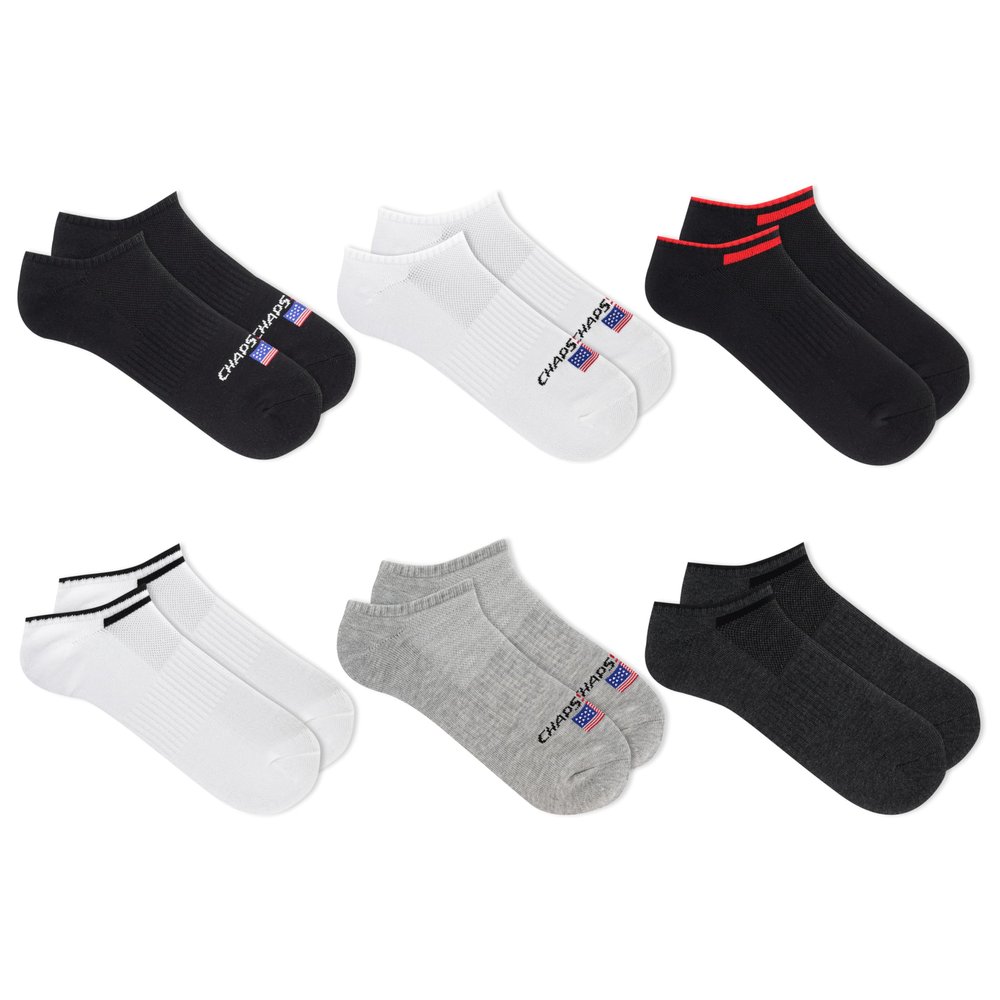 Chaps Men's Sport American Flag Cushioned No Show Socks 6 Pair Pack, Black Assorted, Men's Shoe Size: 6-12