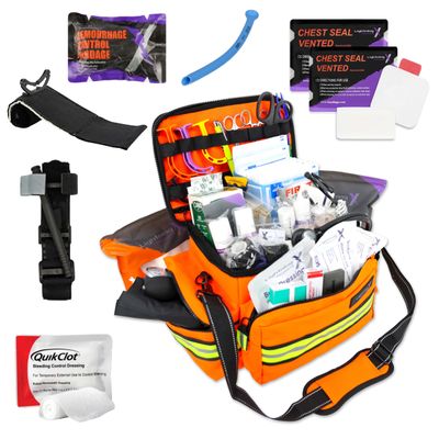 Lightning X Mid-Sized First Responder EMT Bag | LXMB25 | Fully Stocked w/ 248+ First Aid Supplies + Trauma Pak w/C.A.T. Tourniquet & QuikClot - Orange