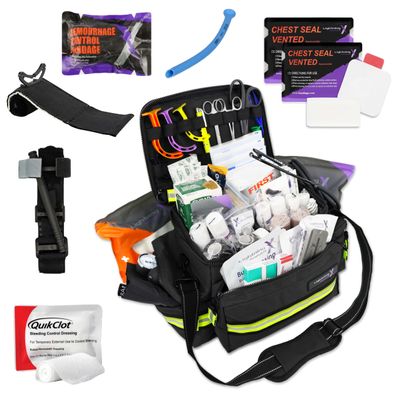 Lightning X Mid-Sized First Responder EMT Bag | LXMB25 | Fully Stocked w/ 248+ First Aid Supplies + Trauma Pak w/C.A.T. Tourniquet & QuikClot - Black
