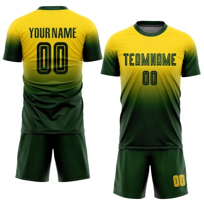 Customized Soccer Jersey Sets for Men/Women/Youth Boys Girls Personalized Football T Shirts and Shorts Printed Team Name Number Logo, Yellow Green Fade Round-Neck Short Sleeve Uniforms