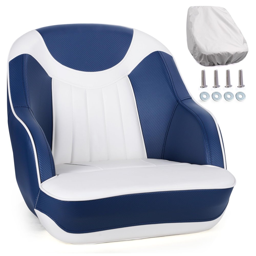 SUNDGORA Premium Pontoon Captains Bucket Boat Seat with Boat Seat Cover,White Pipping,White/Navy Blue