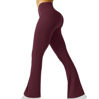 Womens Flare Leggings Solid High Waisted Bootcut Yoga Pants Tummy Control Butt Lift Workout Gym Wide Leg Sports Pants Wine