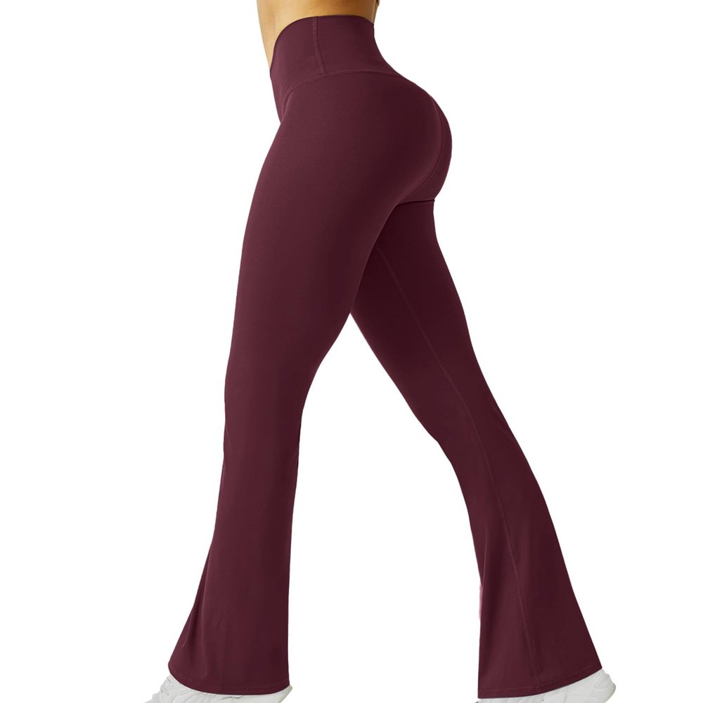 Womens Flare Leggings Solid High Waisted Bootcut Yoga Pants Tummy Control Butt Lift Workout Gym Wide Leg Sports Pants Wine