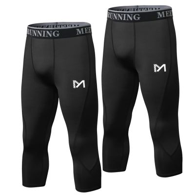 MEETYOO Men's 3/4 Compression Pants Leggings Tights, Cool Dry Sport Workout HeatGear Capri Base Layer Black/Black